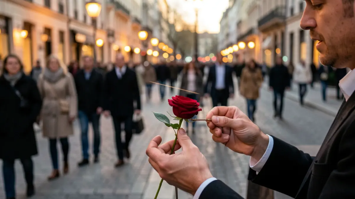 Mains d'un magicien réalisant un tour de magie rapprochée, faisant apparaître une rose dans la rue.