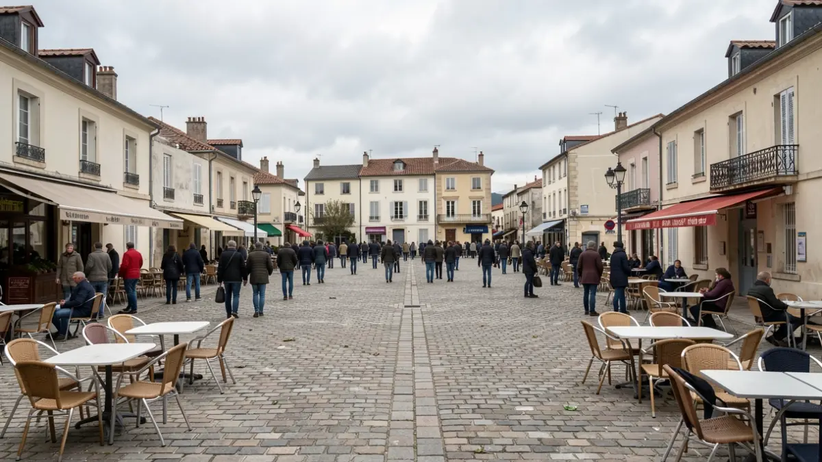 Deserted town square in La Grande-Motte with empty guinguette chairs and tables under a cloudy sky, reflecting the cancellation of festivities.