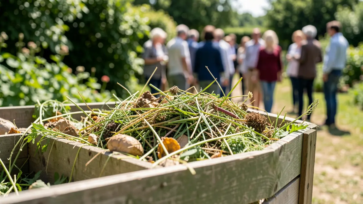 Close-up of a compost bin filled with organic waste like grass clippings and plant remains, set in a sunny garden with a blurred background of green foliage.