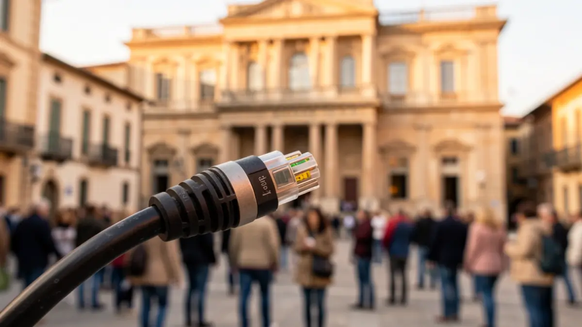 Image générique de connecteur fibre optique devant une mairie du sud de la France.