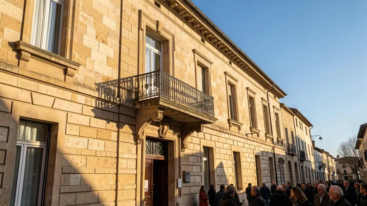 Stone facade of an Occitanie town hall with an iron balcony, under the afternoon sun.