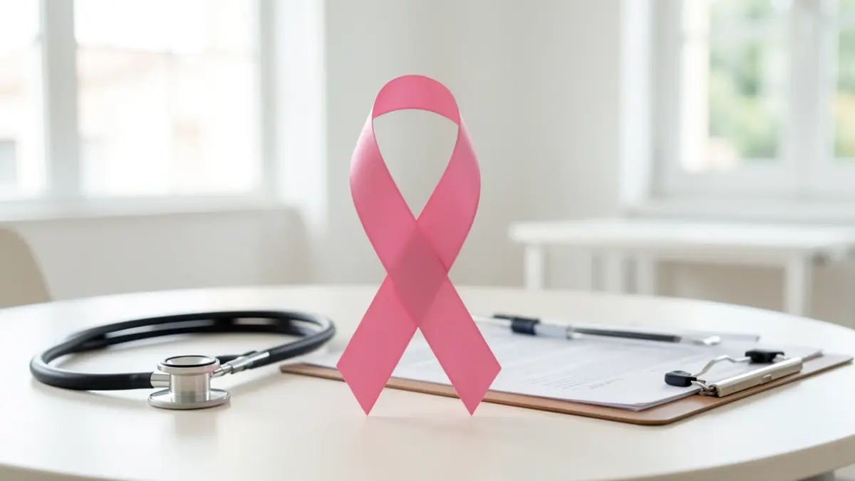 Symbole du ruban rose pour la sensibilisation au cancer du sein sur une table avec des outils de dépistage médical.