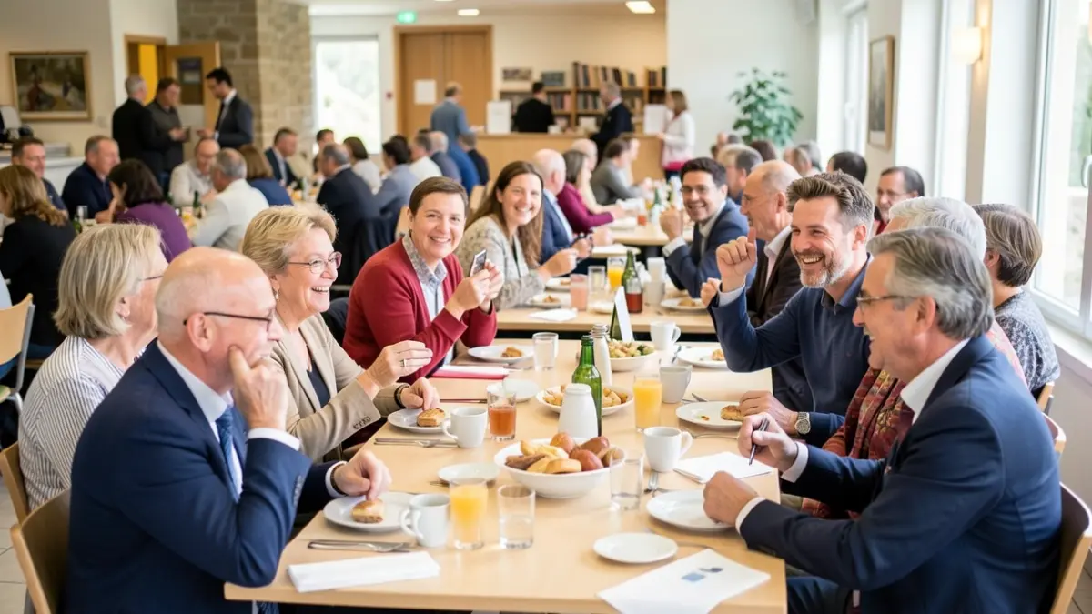 Generic image of new residents attending a welcome meeting in a community hall.
