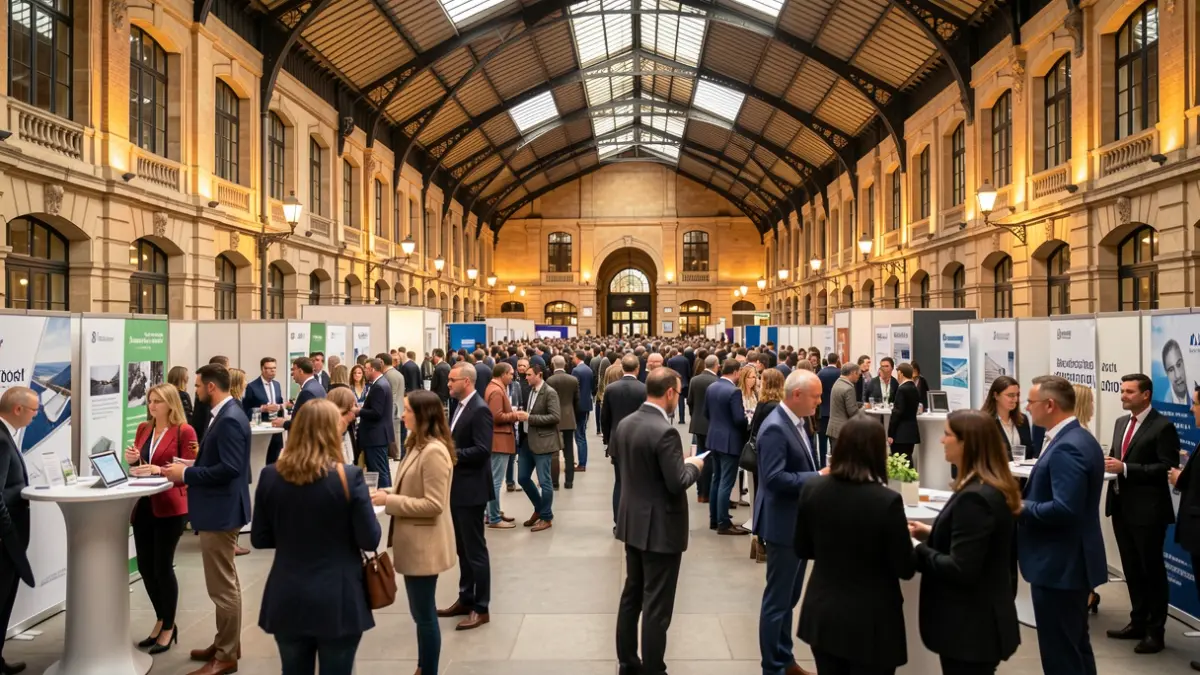 Generic image of a job fair under a market hall.