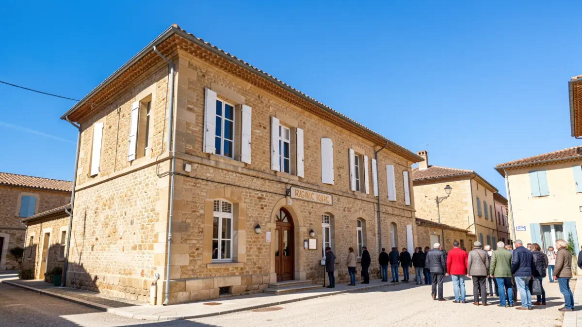 Facade of the Rignac town hall, a stone building with a visible first floor, under a clear blue sky.