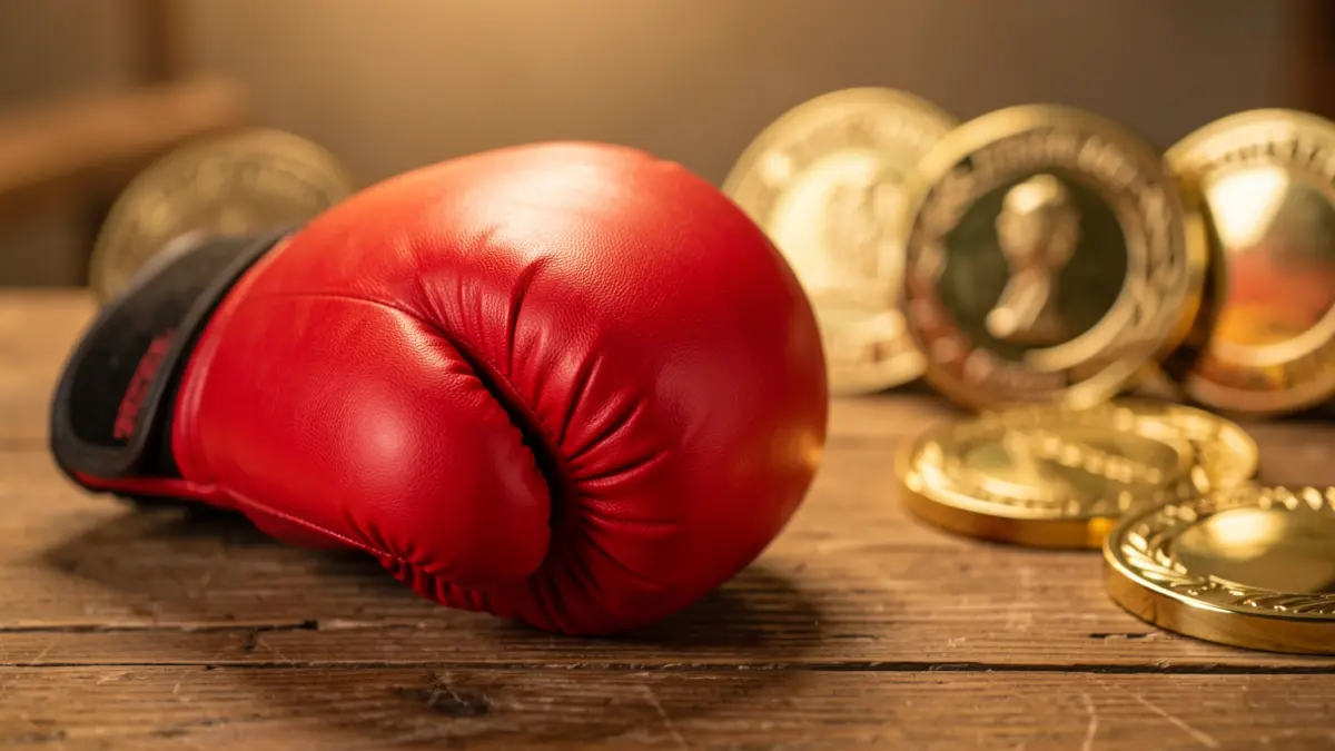 Boxing glove on a table with championship medals in the background.
