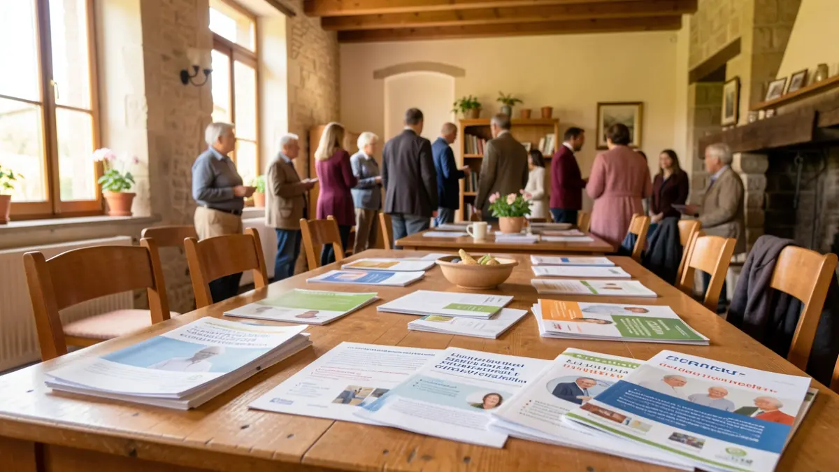 Generic image of a welcoming community hall in Gramat, featuring an information table about Parkinson's disease.