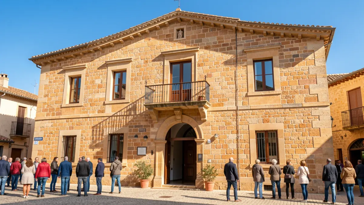 Façade d'un hôtel de ville occitan en pierre, avec un balcon et un ciel bleu.
