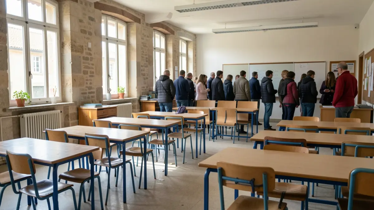 Image générique d'une salle de classe d'école élémentaire française avec des places vides en raison d'une grève.
