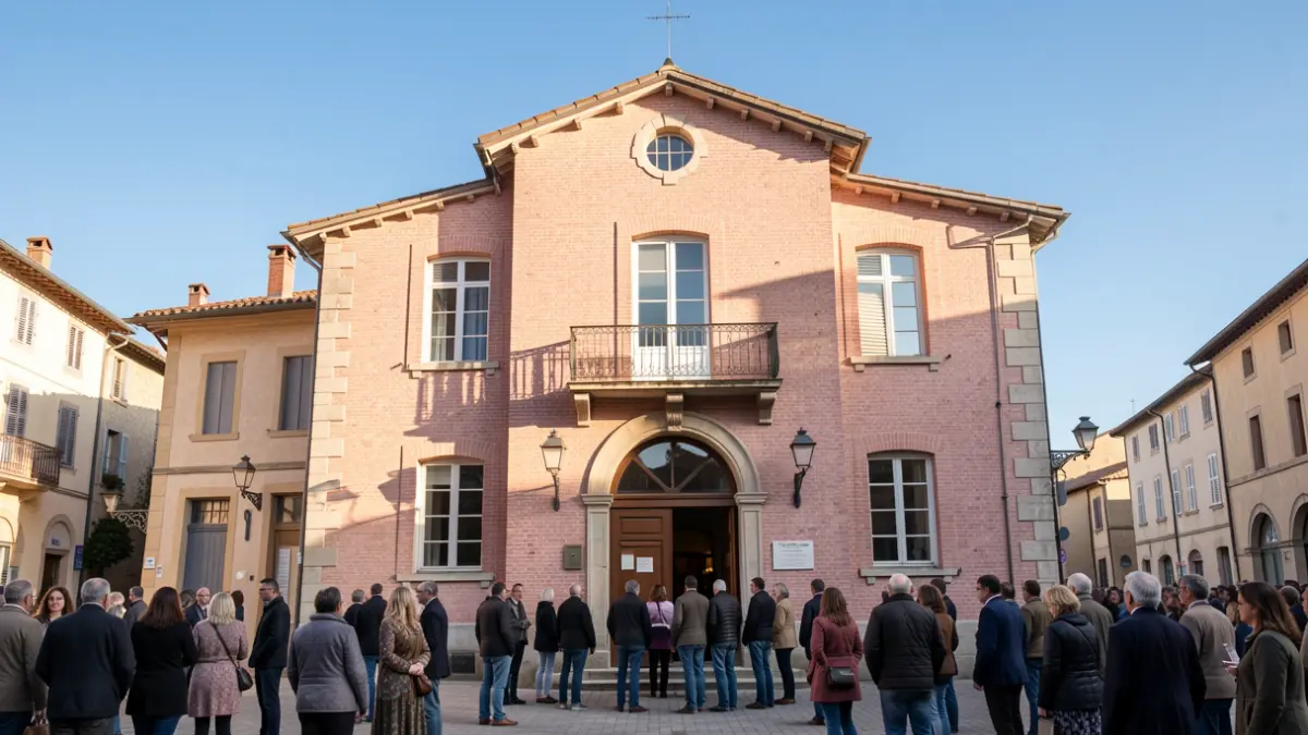 Façade d'un hôtel de ville français en brique rose, avec une entrée voûtée et un balcon, sous un ciel bleu clair. La scène est baignée par la douce lumière du soleil d'après-midi.