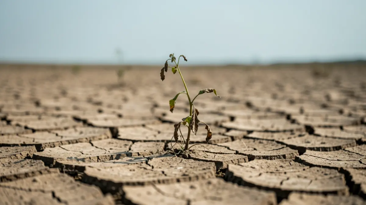 Paysage de terre craquelée symbolisant la sécheresse en Occitanie, avec une plante flétrie sous un ciel pâle.