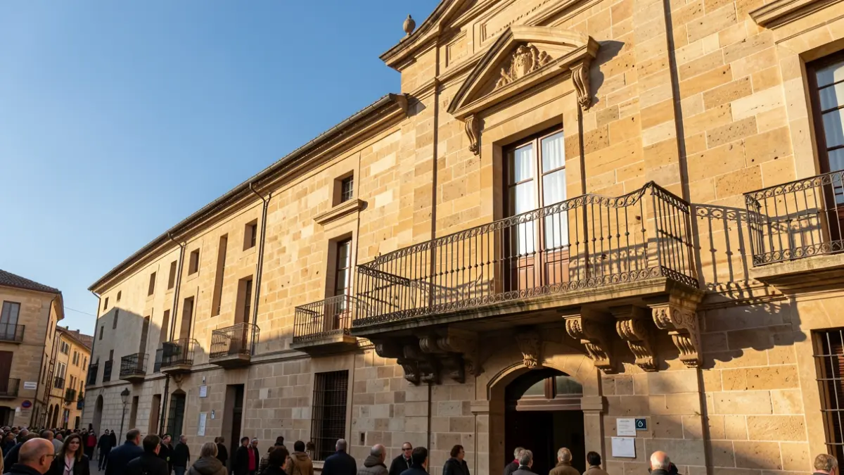 Façade en pierre d'un hôtel de ville en Occitanie, avec balcon orné et balustrade en fer forgé, sous le soleil d'après-midi.