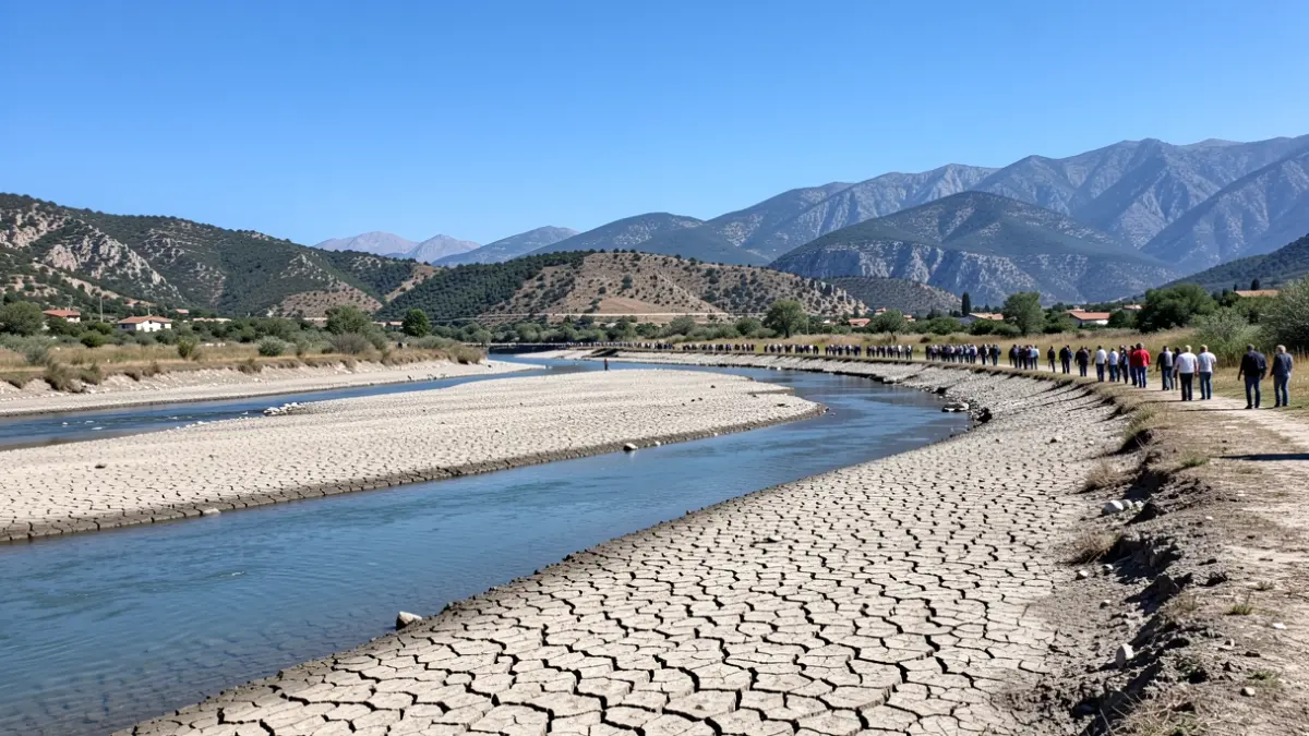 Clear blue sky over a wide, shallow riverbed in the Pyrenees, with dry, cracked earth visible on the banks. The water flow is visibly reduced. The overall scene conveys a sense of drought and water scarcity.