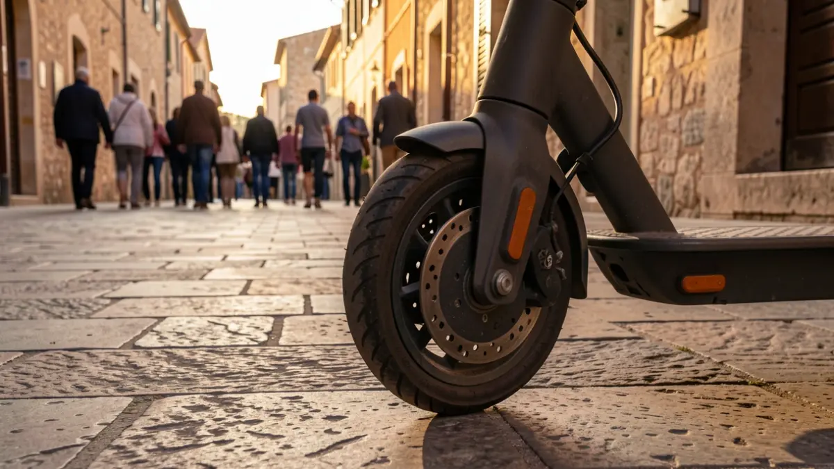 Close-up of an electric scooter wheel parked on a stone-paved sidewalk in a Mediterranean town, warm evening light.