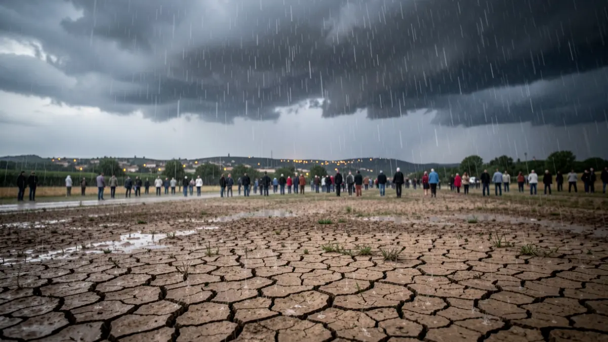 Pluie intense sur des terres sèches et craquelées dans l'Hérault, sous un ciel d'orage.