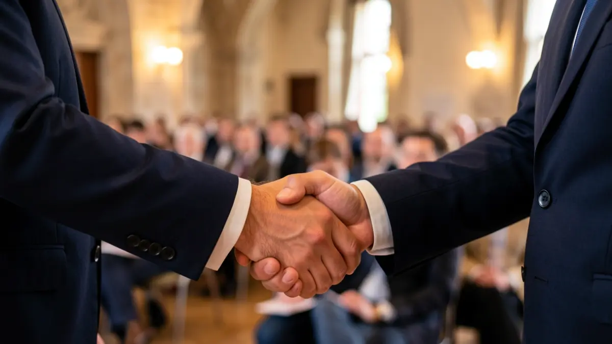 Poignée de main entre deux professionnels lors d'un congrès sur le logement social.