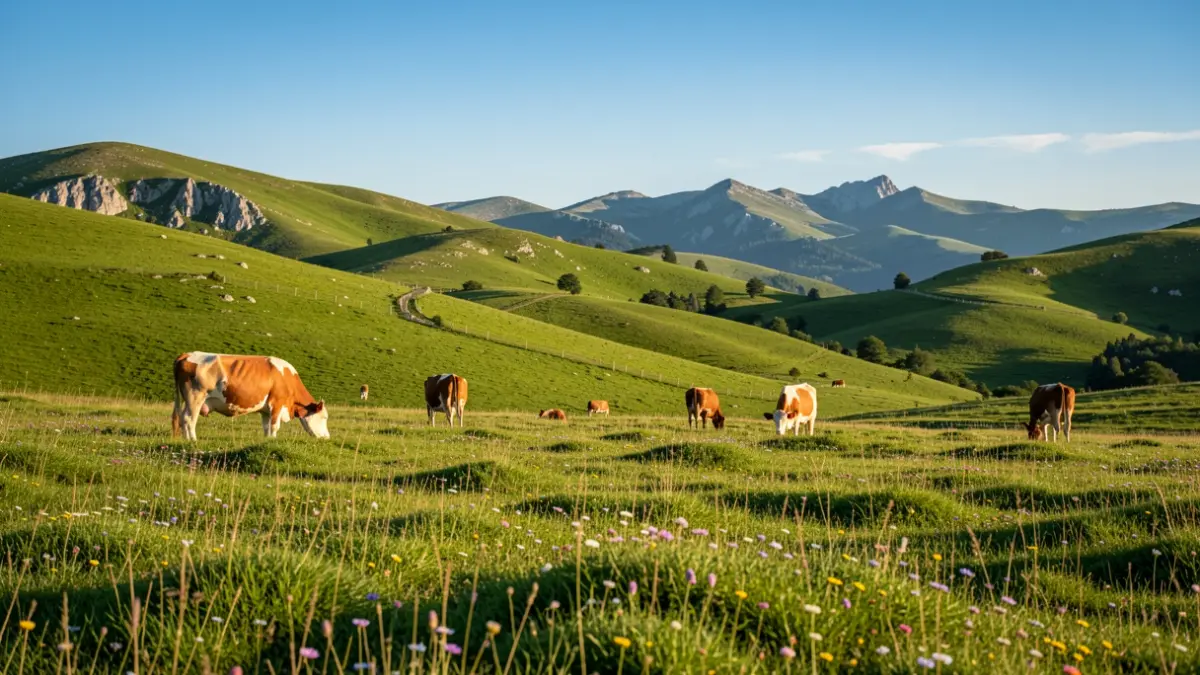 Prairies d'estive diversifiées en Aubrac avec des vaches paissant sous un ciel bleu.