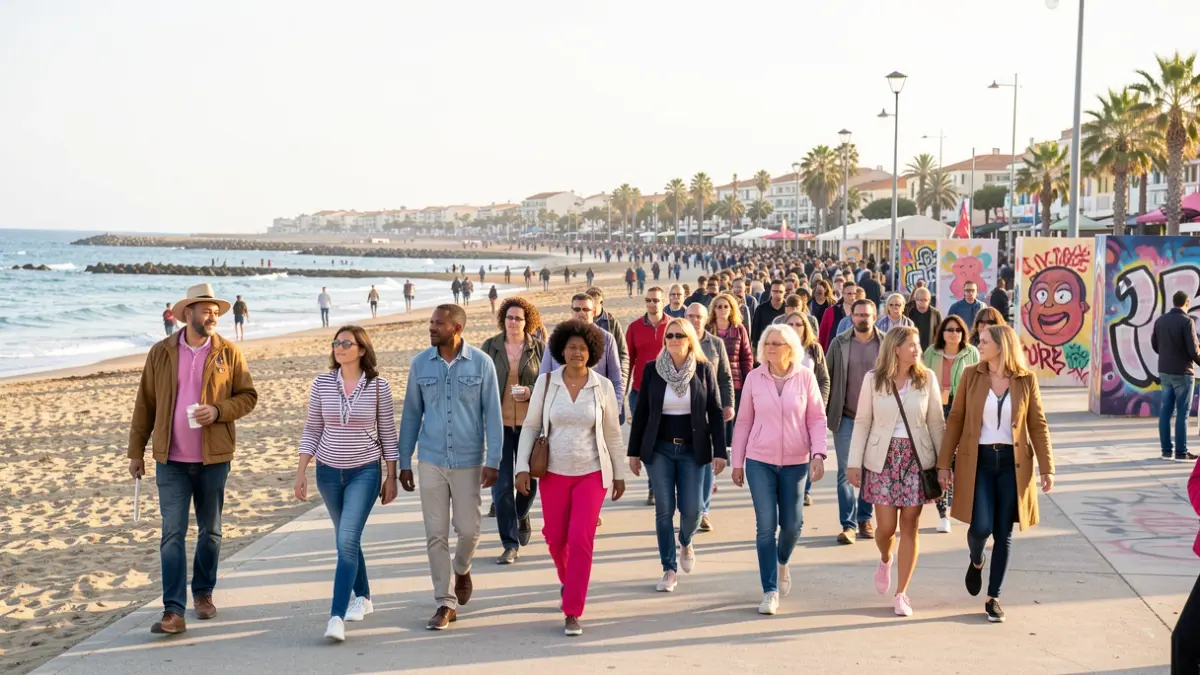 Image générique d'une marche solidaire pour Octobre Rose à Argelès-sur-Mer, avec des participants découvrant des panneaux artistiques.