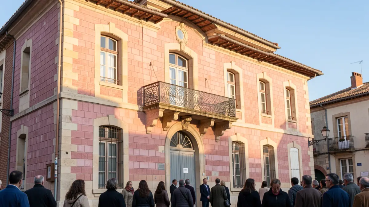 Facade of the Mairie de Lectoure, a building with traditional Occitanie architecture, featuring pink brick and stone elements, with an ornate balcony. Warm afternoon sunlight illuminates the facade.