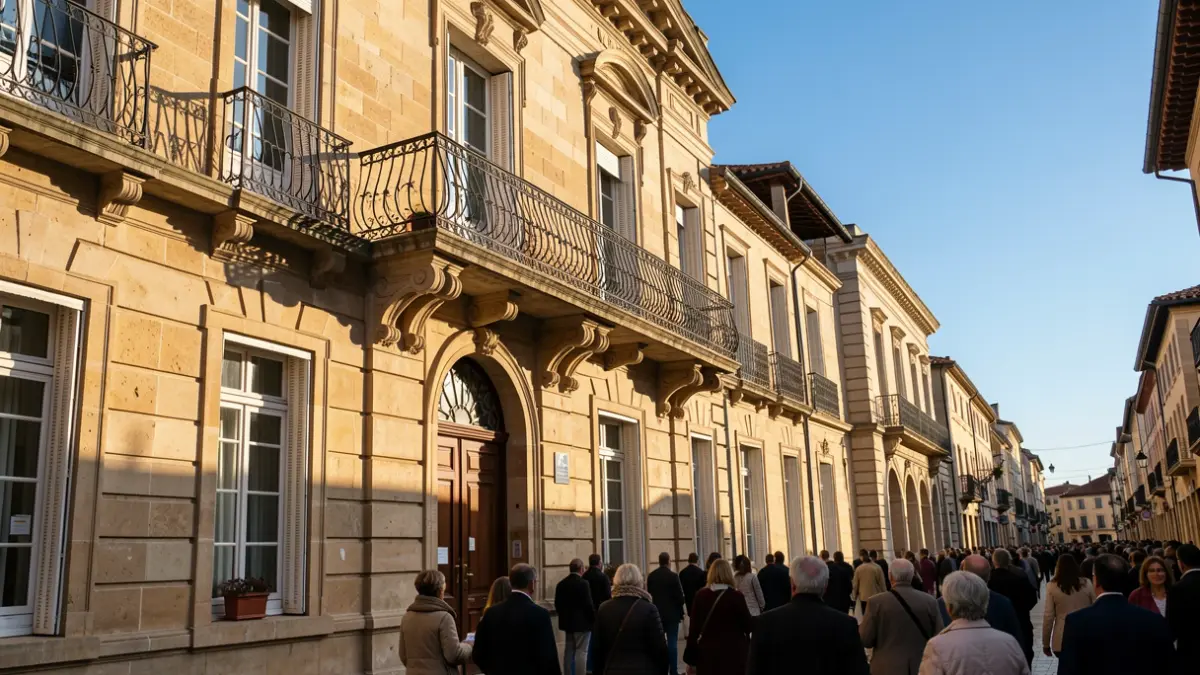 Stone facade of an Occitanie town hall with ornate balcony and iron railings, under warm afternoon sunlight.