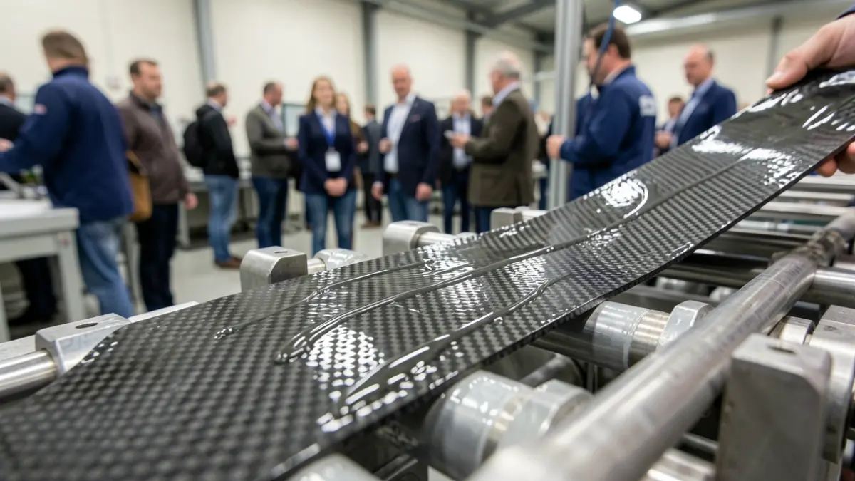 Bande de renfort en fibre de carbone imprégnée de liquide dans une ligne de fabrication pilote.