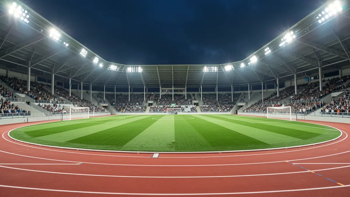 Terrain de football synthétique moderne avec pistes d'athlétisme, éclairé par des projecteurs, complexe sportif vide.