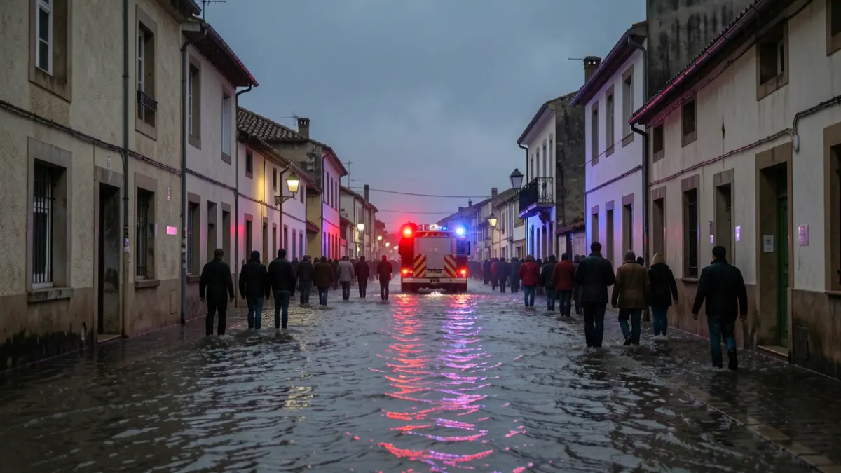 Flooded street in Gallician due to bad weather, with emergency lights in the background.