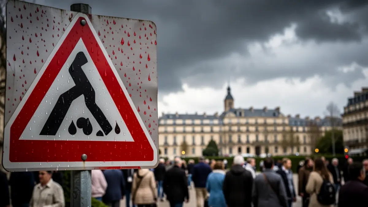 Red flood alert in Nîmes with a stormy sky.