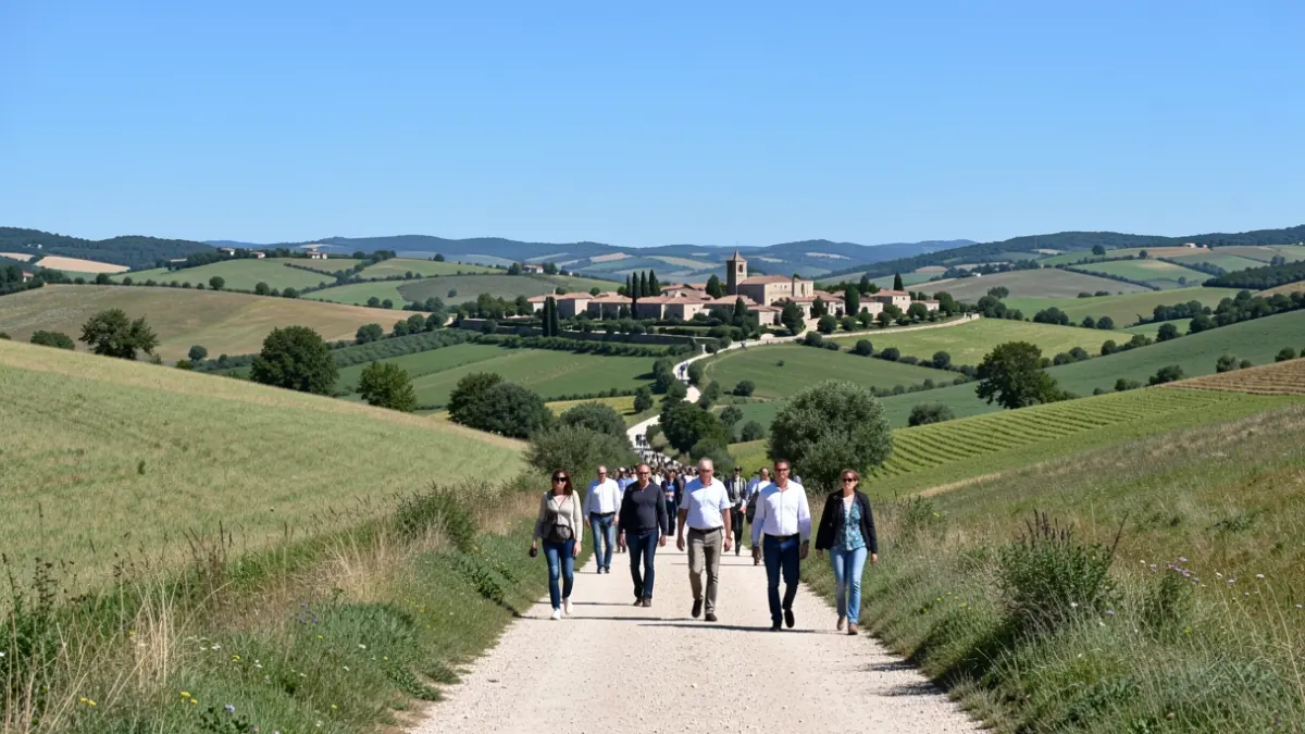 Paysage vallonné de la région Occitanie avec un village et son église au loin.