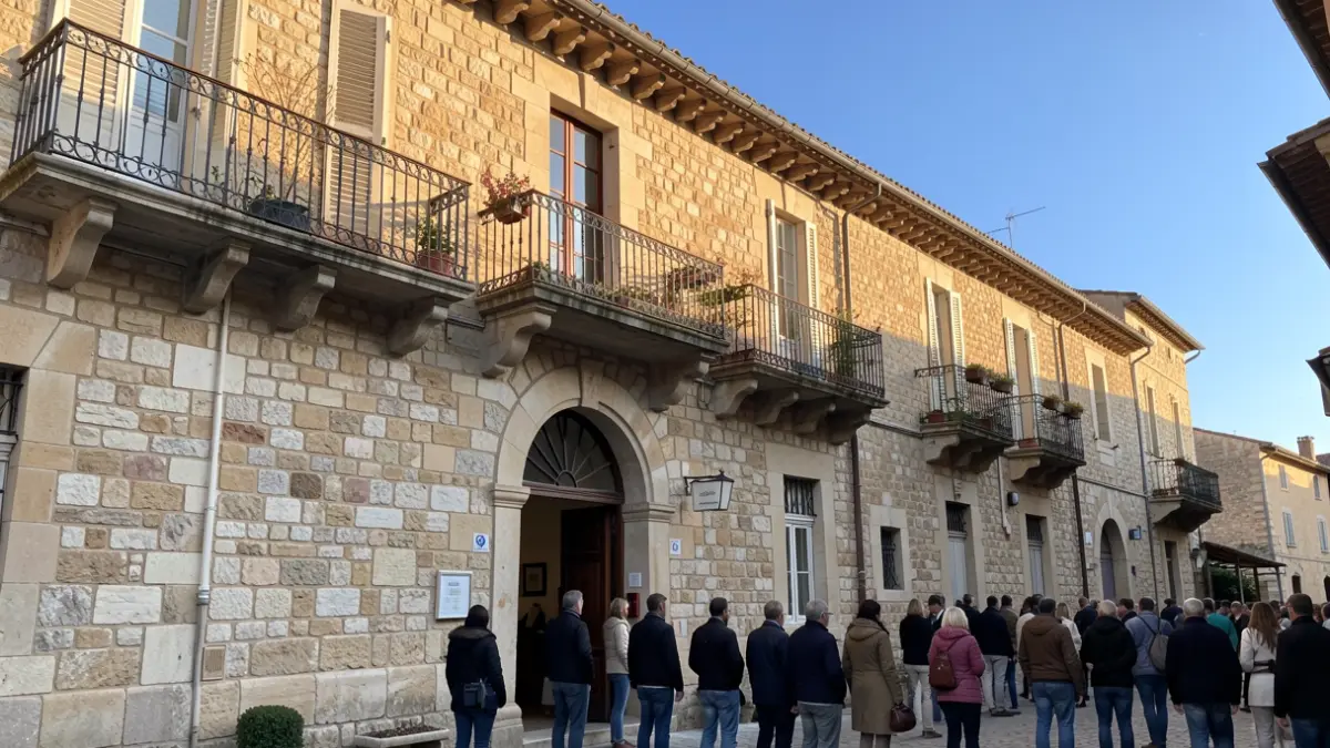 Facade of a typical Southern French municipal building, sunny.
