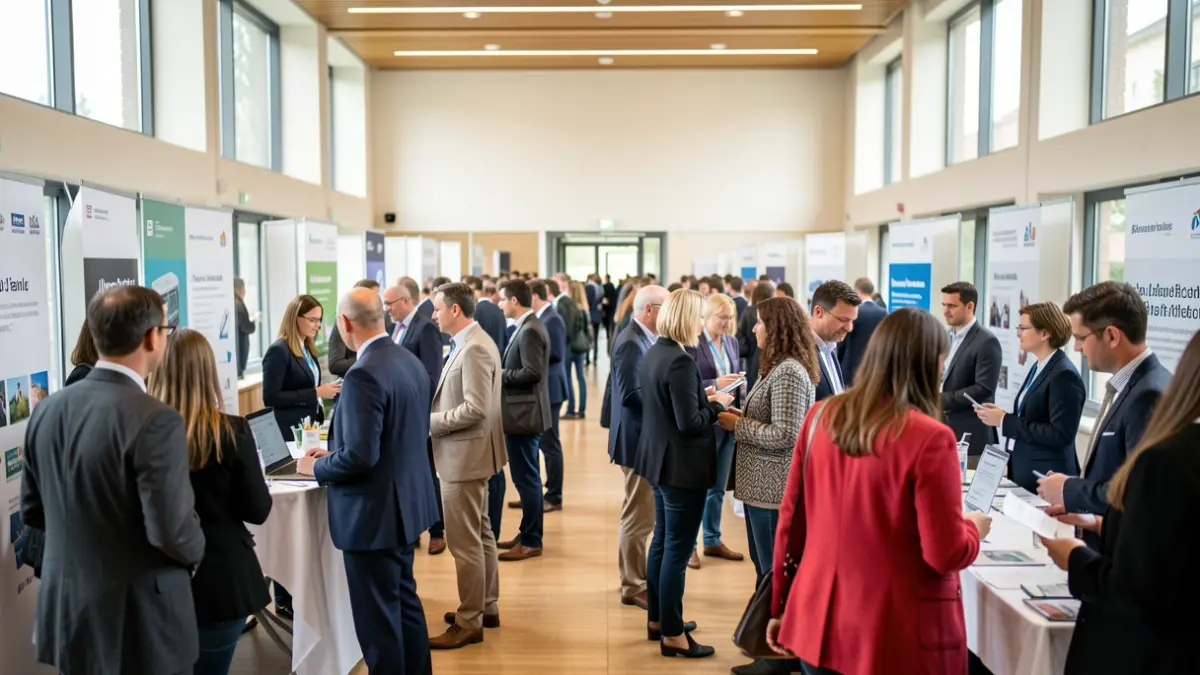 Generic image of a job fair with attendees and recruiters.
