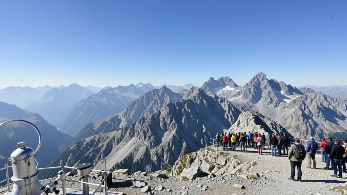 Vue panoramique du Pic du Midi dans les Pyrénées, avec des instruments scientifiques.