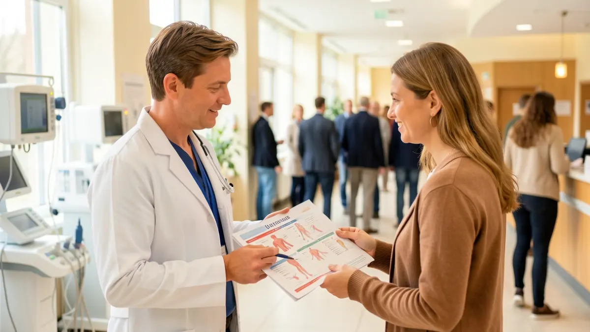 Healthcare professionals and patients interact in a hospital lobby during an awareness day.