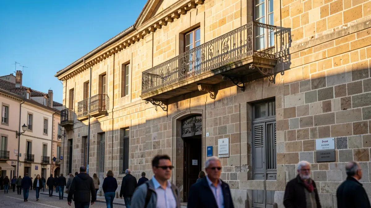 Stone facade of an Occitanie town hall with an ornate iron balcony, afternoon sunlight.