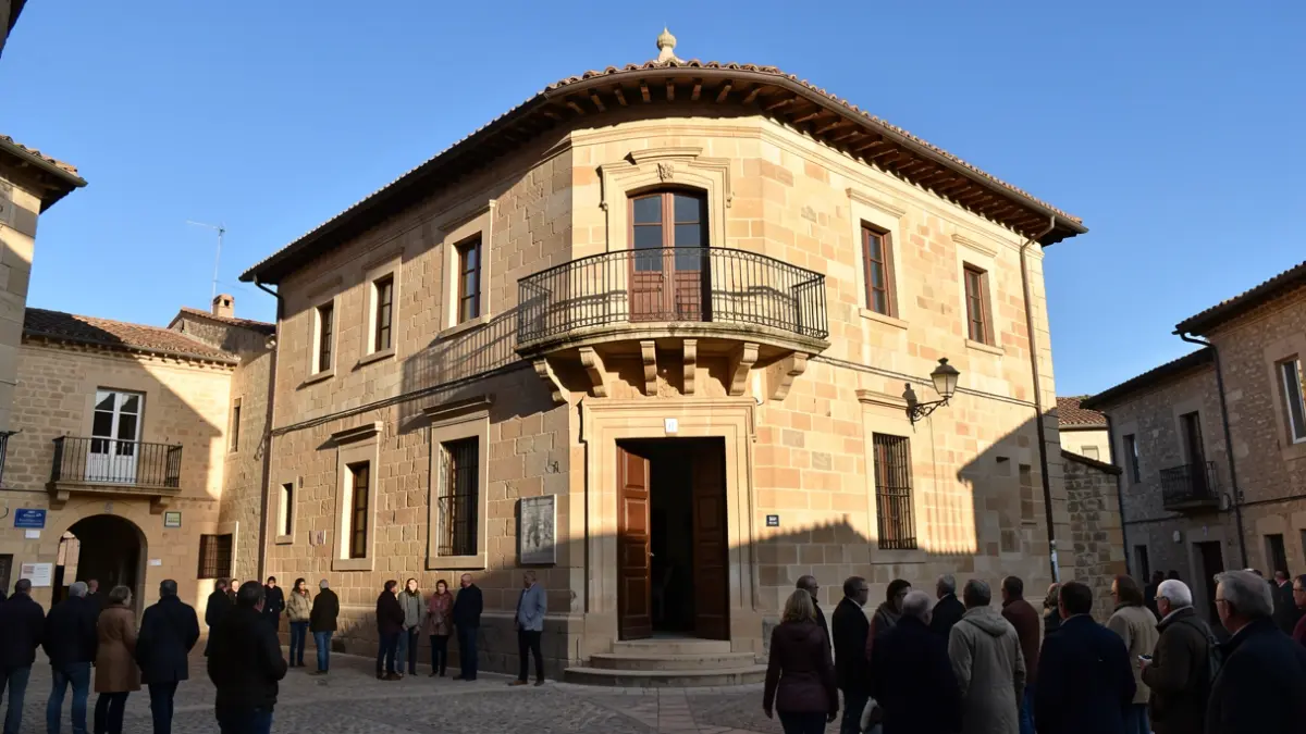 Stone facade of a traditional town hall in Occitanie with a balcony and iron railings, under the afternoon sun.
