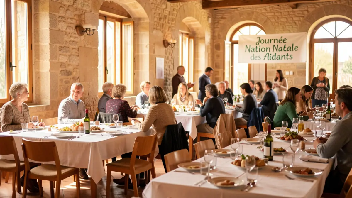 Interior of the Jacques Brel hall in Montastruc-la-Conseillère during the National Caregivers' Day, with tables and chairs set up for a conference and lunch.