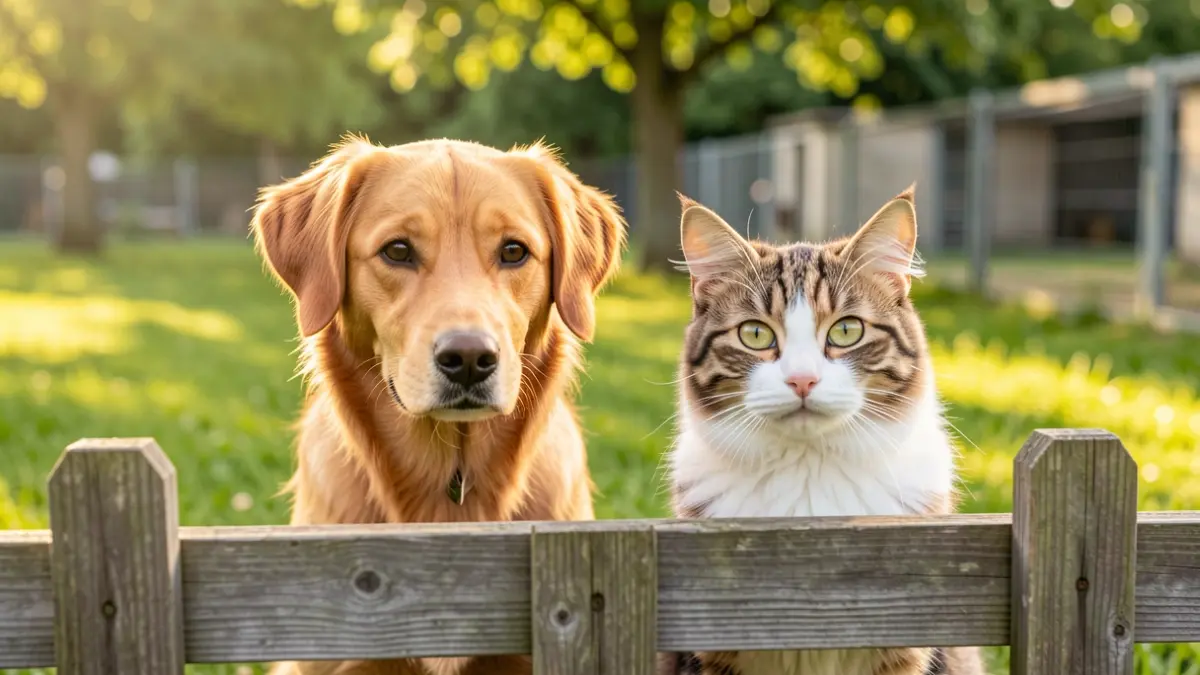 Image générique d'un chien et un chat dans un refuge animalier ensoleillé.