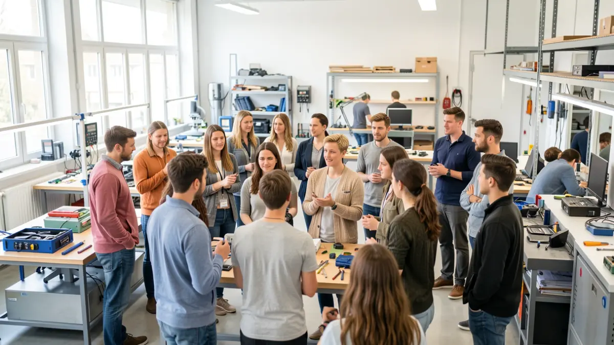 Image générique de jeunes adultes et instructeurs dans un atelier de formation moderne.
