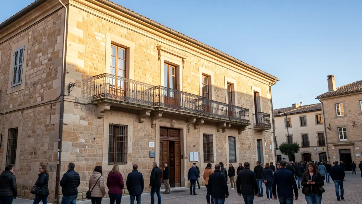 Facade of the Juillan town hall, a traditional stone building with a balcony and wrought iron railings, under the Occitanie sun.