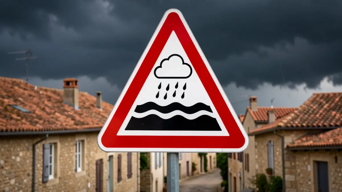 Red alert for rain and flood over Juvignac, featuring emergency symbols and a threatening sky.