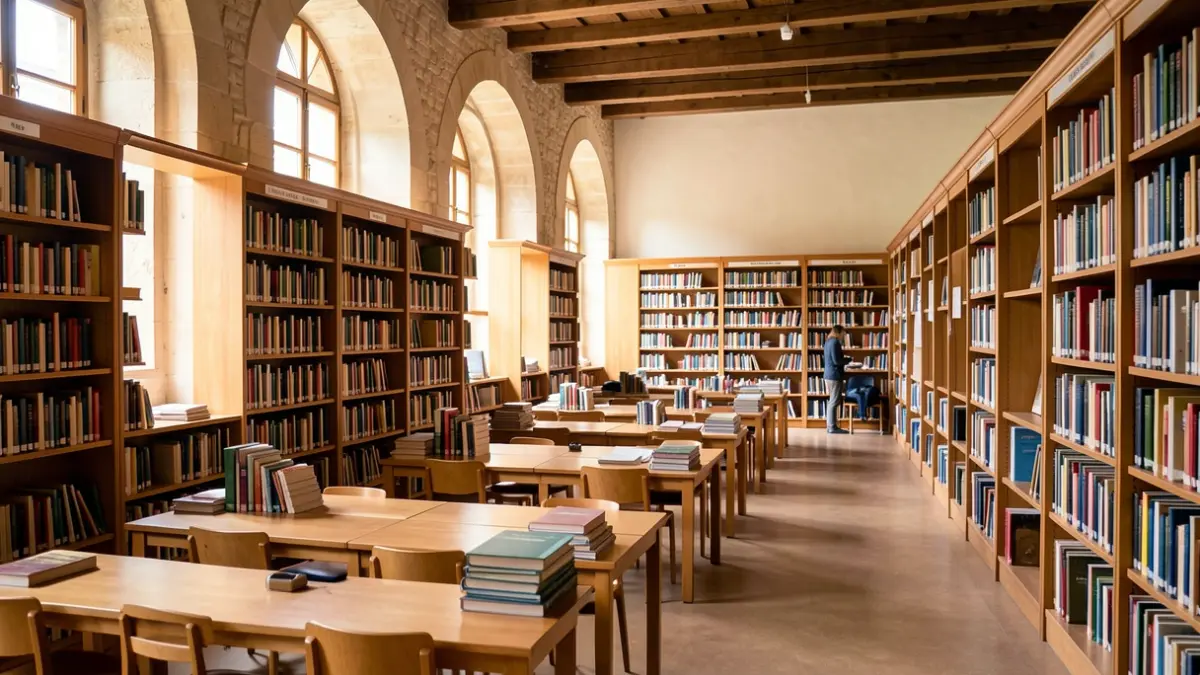 Intérieur d'une bibliothèque universitaire en Occitanie avec des étagères remplies de livres et des tables d'étude.