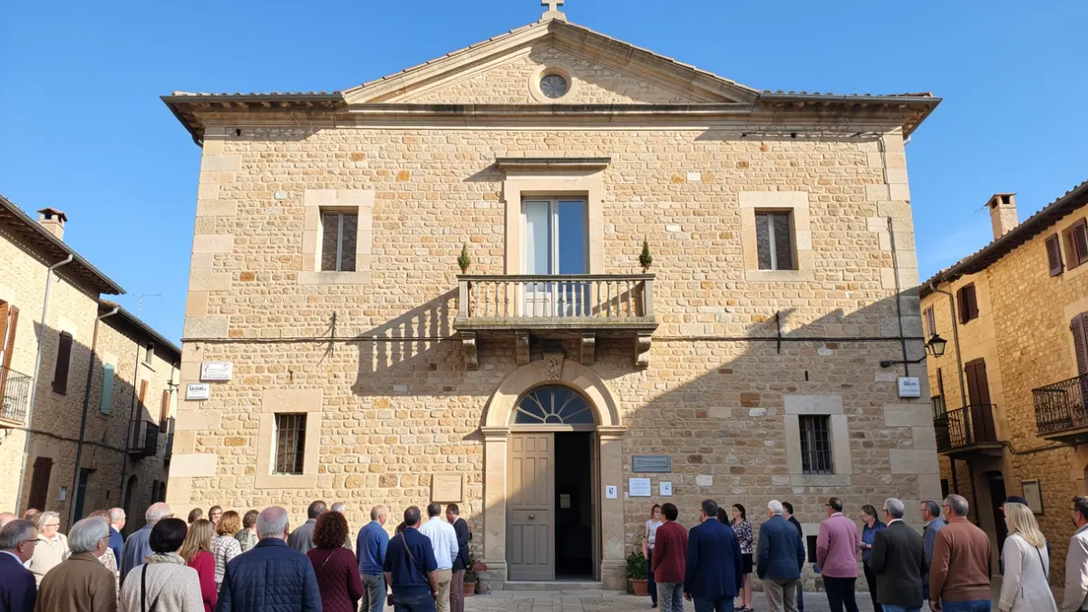 Facade of a stone town hall in Southern France.