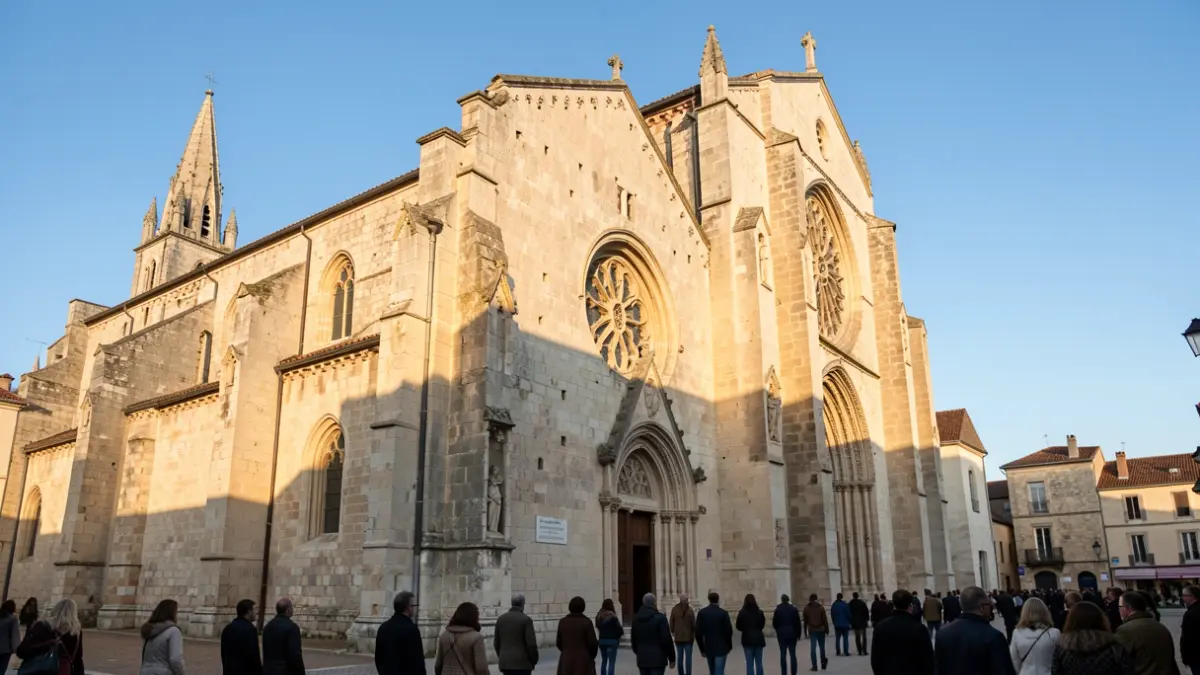Façade de la cathédrale Saint-Gervais-et-Saint-Protais à Lectoure, baignée par le soleil d'après-midi.