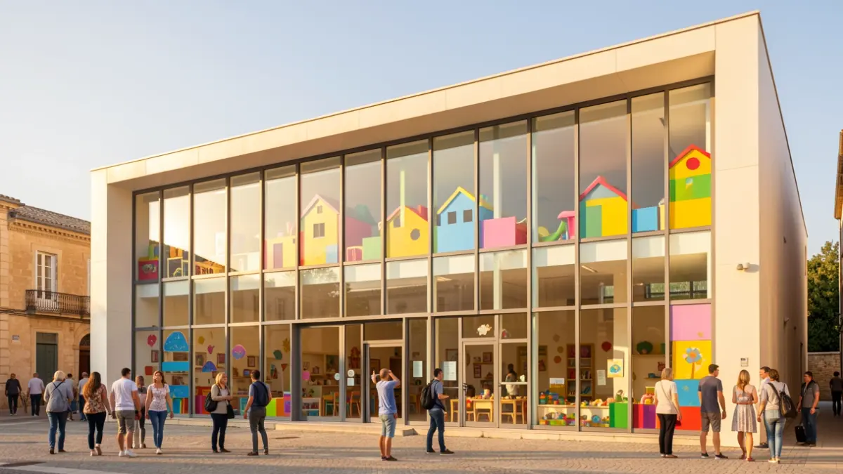 Facade of a modern crèche in Nîmes, bathed in sunlight.