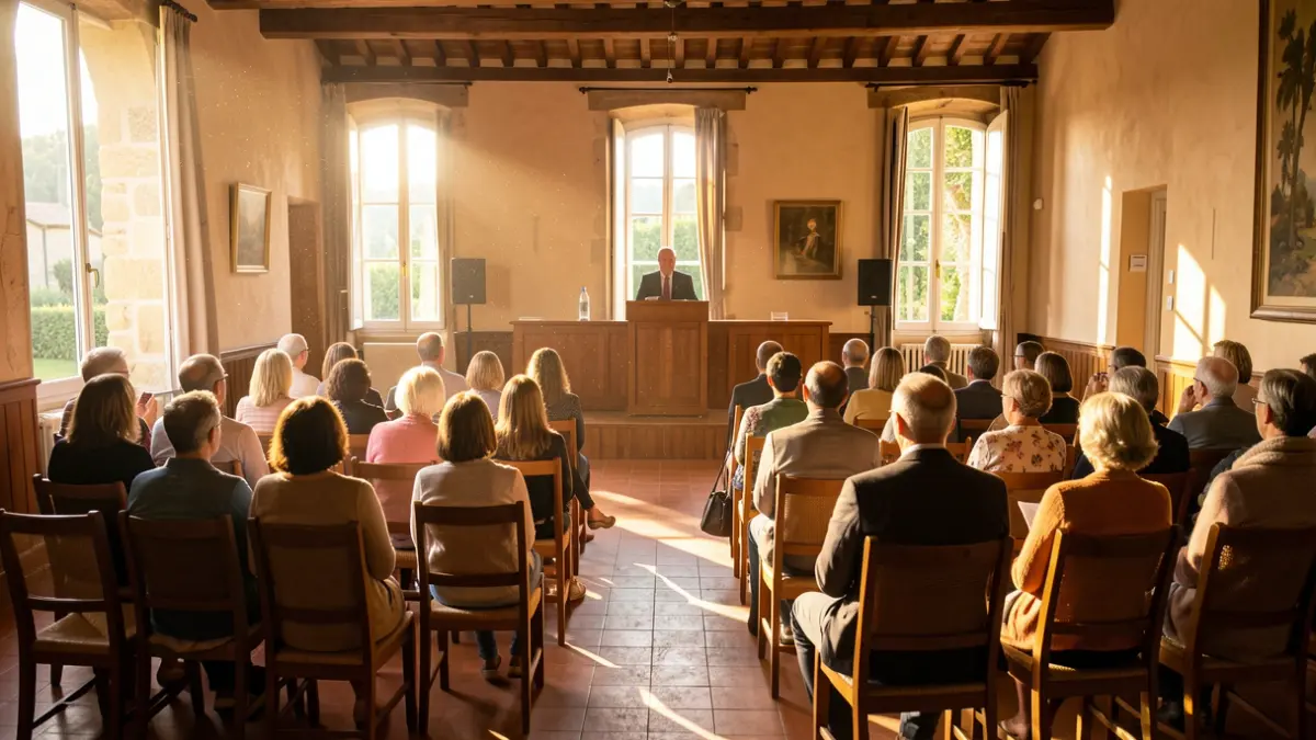 Salle de réunion publique dans le sud de la France, avec des chaises vides et la lumière du soleil.