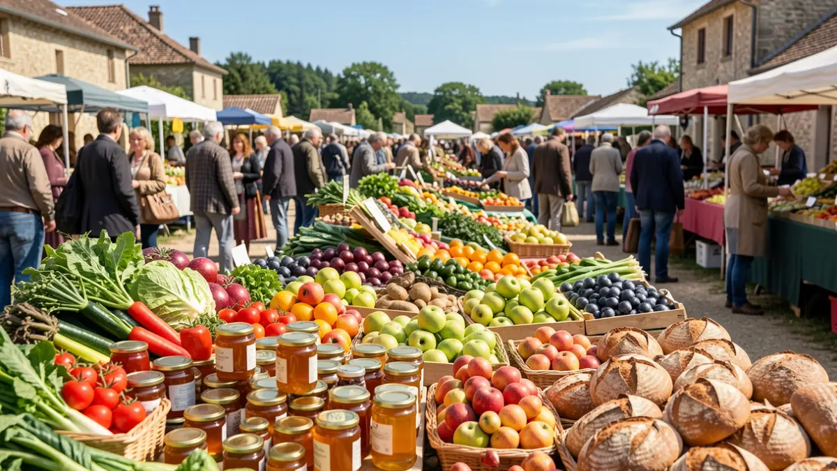 Image générique de produits frais et artisanaux sur un marché bio en France.