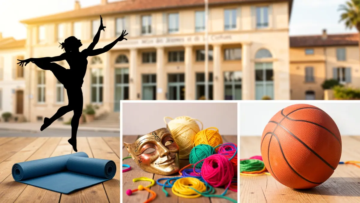 Collage of activities offered by the MJC of Vic-en-Bigorre: dance, yoga, theater, crafts, and sports.
