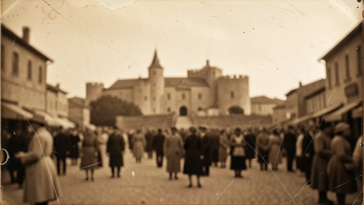 Vintage glass photographic plate showing a blurred silhouette of the Cité de Carcassonne, with visible scratches and imperfections.