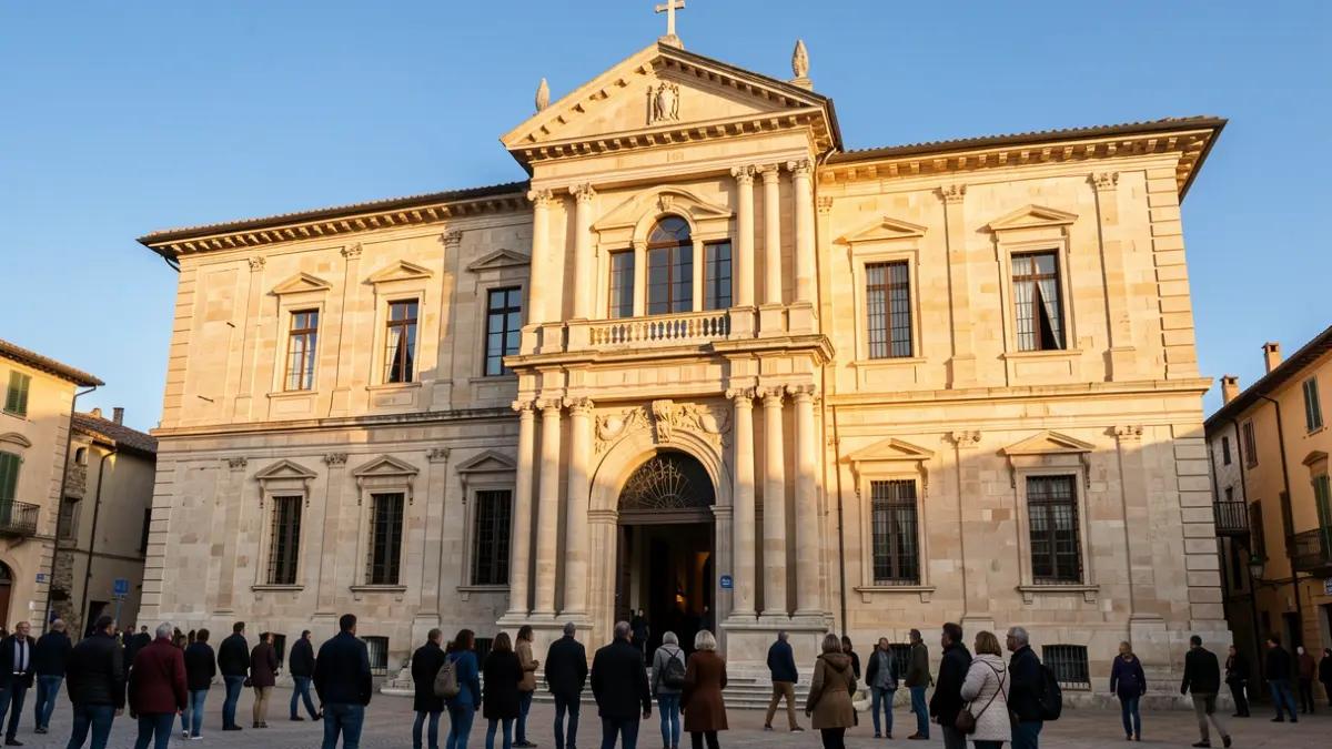 Facade of the Moissac town hall, historic stone building, under the afternoon sun.