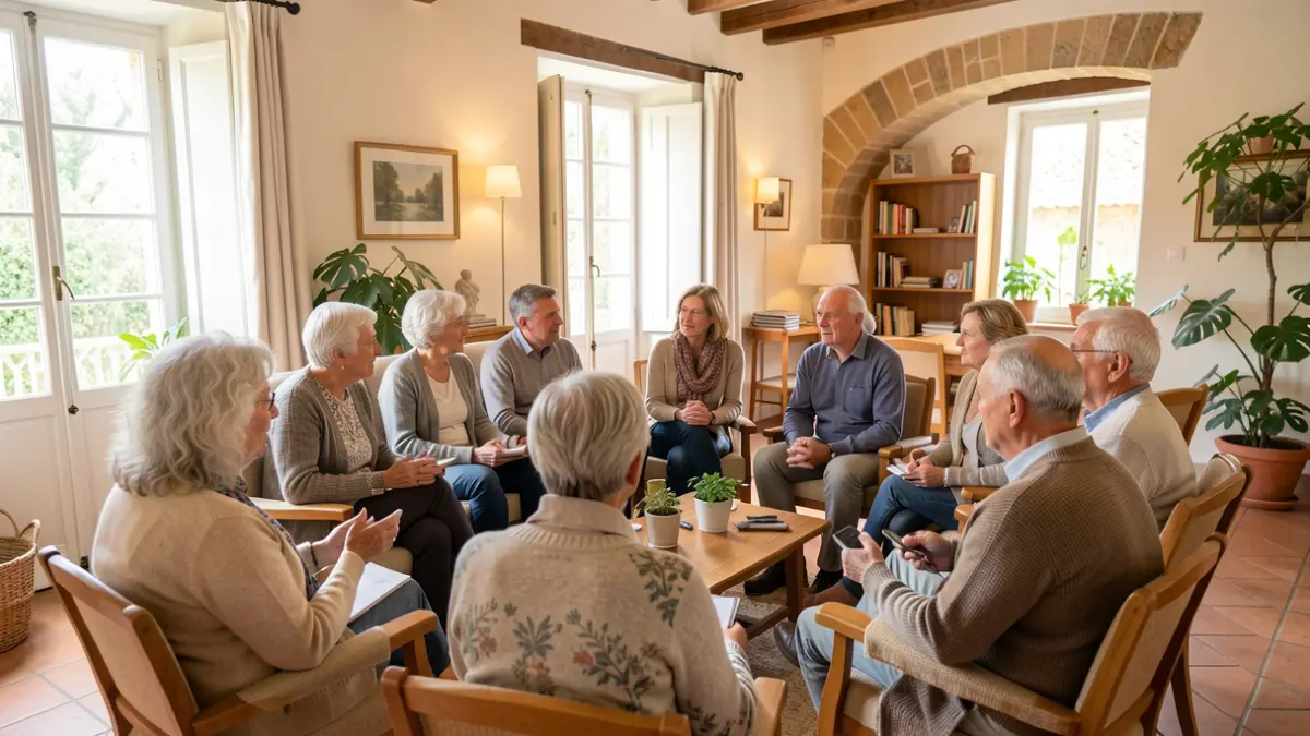Generic image of seniors and adults discussing home renovation and adaptation in a community center in the South of France.